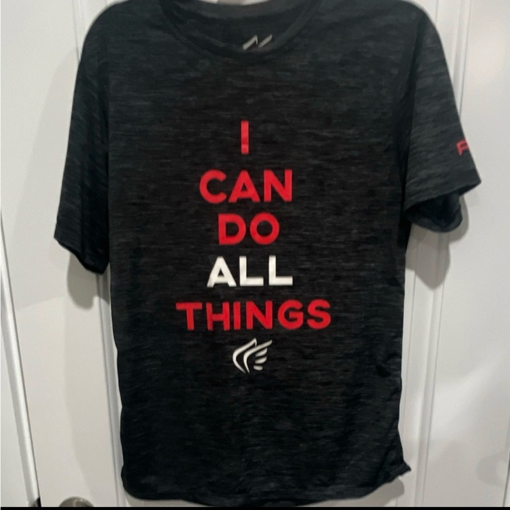Black Graphic T-Shirt with Red and White Text